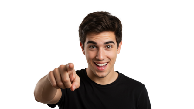 A cheerful person smiling and pointing directly at the viewer. Expressive and engaging, it conveys a sense of enthusiasm and positivity.