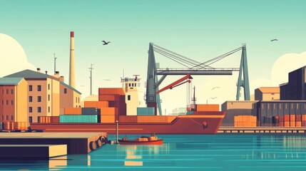 Fototapeta premium Industrial port scene with cargo ship and cranes