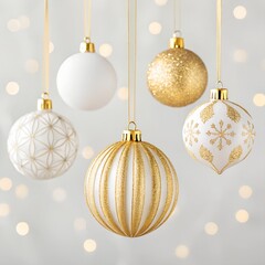 A collection of beautiful gold and white Christmas ornaments hanging against a soft white background. Perfect for adding a touch of festive elegance to your holiday ... 

