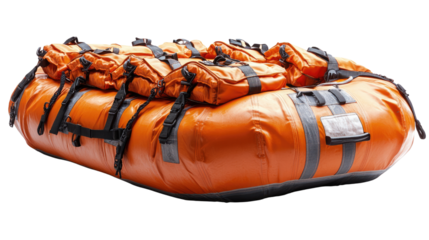 Emergency Survival Raft: A life-saving orange survival raft, meticulously packed with essential emergency equipment, symbolizing readiness and safety in the face of adversity.