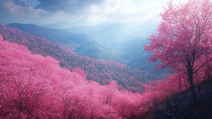 Serene Pink Blossoms Overlooking Misty Mountain Landscape