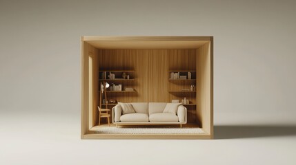 Fototapeta premium Minimalist Beige Sofa in Wooden Cube Room