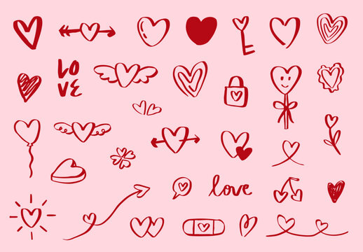 Naklejki love hearts doodle illustration set