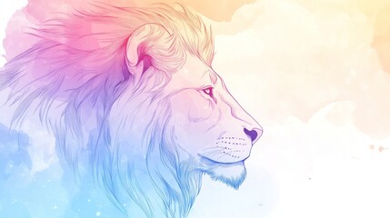 Colorful lion profile, soft lines, and watercolor background