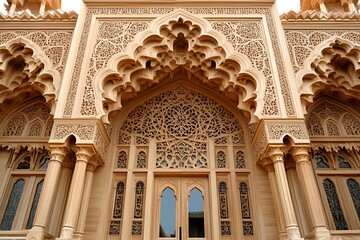 Obraz premium Ornate Architectural Facade Displaying Intricate Carvings and Detailed Design