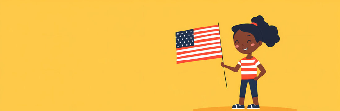 Independence Day Illustration: A young girl, filled with patriotic spirit, joyfully waves an American flag, capturing the essence of freedom and national pride, against a bright background.