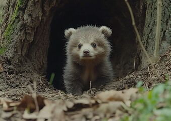 Naklejka premium Cute cub in forest den