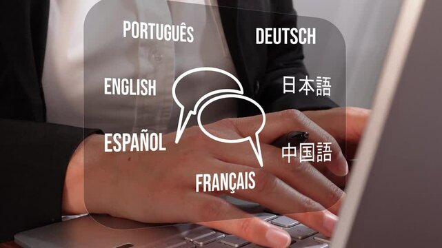 Close-up of a woman working on a laptop with dialog icons and various languages ​​around her. Translation concept.