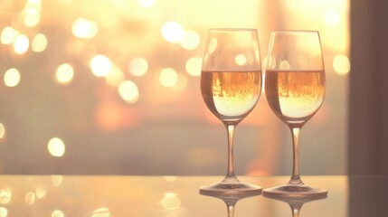 Two wine glasses filled with golden liquid, positioned on a table against a blurred sunset backdrop