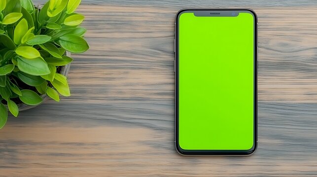 Phone with green screen next to plant on wood