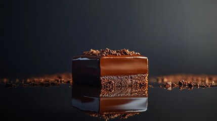 A slice of chocolate cake with a glossy ganache topping. Featuring rich desserts