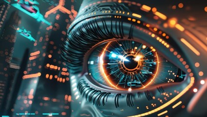 Futuristic Cybernetic Eye Scanning Digital Interface, Showcasing Advanced Technology And Biometric Security Concepts In A High-Tech Background.