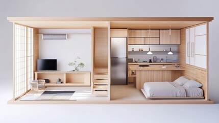 Minimalist Light Wood Apartment Interior Small Space Design with Sliding Panels