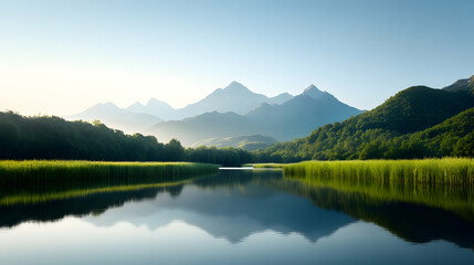 Serene Mountain Lake Reflection at Sunrise