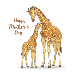 Obraz premium Giraffe Mother and Calf with Affectionate Mood Celebrating Mother's Day Against a Minimalist Background
