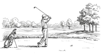 Golfer swinging in a black and white sketch against a golf course  