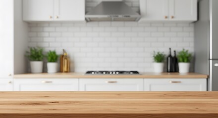 Wooden table surface in foreground,design, Wood table top on blur kitchen counter room background. blurred modern kitchen background, 