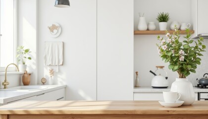 Fototapeta premium Bright Modern Kitchen Interior with Wooden Countertop