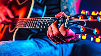 Acoustic Guitarist in Vibrant Neon Light