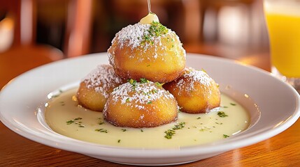 Delicious Deep-Fried Dessert Balls with Cream Sauce and Garnish