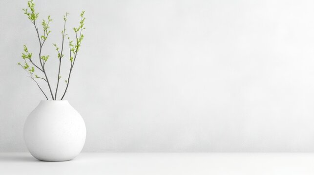 Minimalist vase with spring branches on a light background