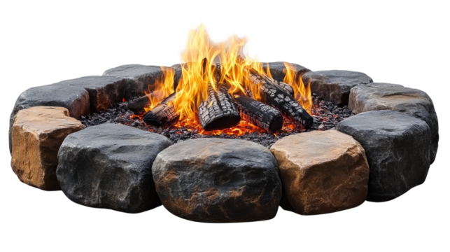 Burning Embers: A meticulously crafted fire pit, crafted from dark stone and filled with a blazing fire, casts a warm glow over the scene, suggesting the joy of gathering around a crackling blaze.