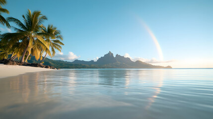 Tranquil Tropical Beach Scene with Rainbow at Sunset