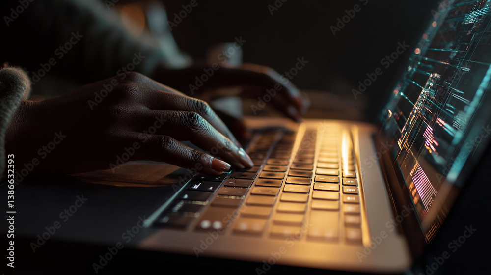 Poster close up of hands typing on a laptop keyboard with code displayed on the computer screen in the dark