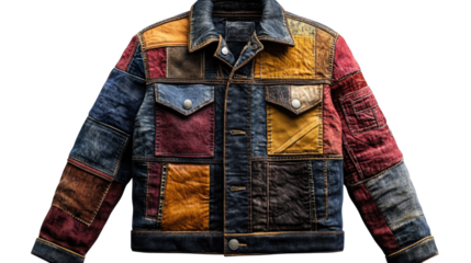 Patchwork Denim Jacket: A vibrantly textured patchwork denim jacket, showcasing a harmonious blend of diverse fabrics and colors, a modern fashion statement.