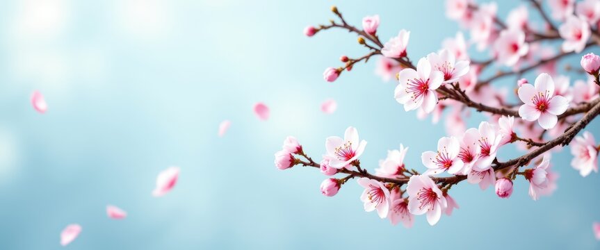 Ramas de almendro mallorqu&iacute;n de flor rosa y p&eacute;talos flotando en el aire sobre cielo azul. Tranquilo, elegante, estacional, floraci&oacute;n en Mallorca, invierno y primavera, belleza de naturaleza.	