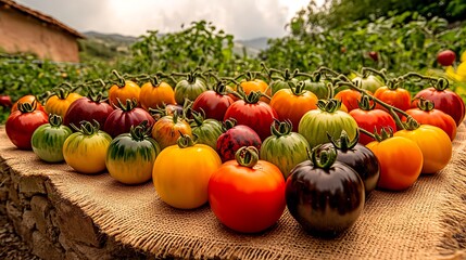 Vibrant Heirloom Tomatoes on Rustic Burlap