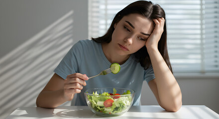 Upset Young Woman with Bowl of Salad in Bright Room with White Table and Windows