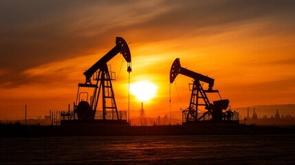 Silhouette of two oil pumps against a fiery orange sunset sky in a rural landscape scene