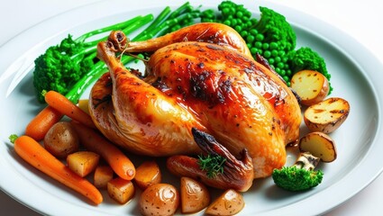 ChatGPT said:
​Traditional Roast Chicken with Vegetables Served on a White Plate, Capturing a Classic Homestyle Meal.