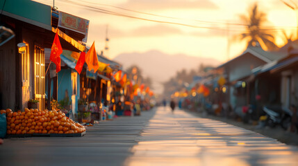 Obraz premium Warm Sunrise Over Coastal Village Street Scene