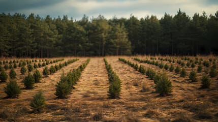 Fototapeta premium Rows of Young Trees in Cultivated Field: Witness the structured elegance of an agricultural landscape, where rows of young trees stand in formation.