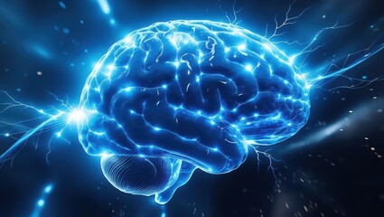 ​Visually Intense Digital Illustration of a Glowing Human Brain, Representing Cognitive Energy.