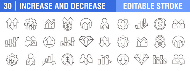 Collection of increase and decrease icons. Business, investment, finance. Vector design template, signs, symbols, editable stroke.