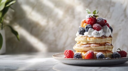 A stack of fluffy pancakes topped with fresh berries, whipped cream, and maple syrup. Featuring indulgence and sweetness