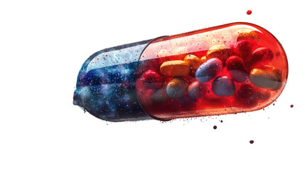 The Medicine: A striking visual of a transparent pill, showcasing the colorful mix of medications inside. Representing concepts of health, medicine, and treatment