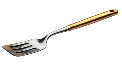 Elegant Kitchen Spatula: A close-up shot of a stainless steel spatula, with a striking gold handle, offering a clean and modern aesthetic for cooking and culinary.