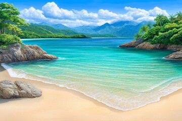 Obraz premium A 3D-rendered animated version of Maracas Beach, with exaggerated tropical colors and textures