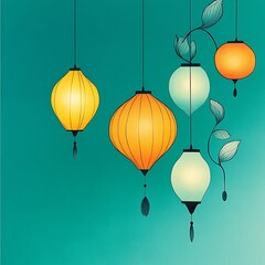 Obraz premium Glowing Paper Lanterns at Night on green Background