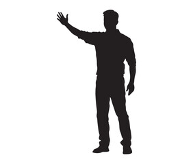 Male silhouette waving hand – vector pose design. Minimal standing man silhouette. 
