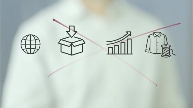The entrepreneur drawing and crossing icons that represent textile imports, symbolizing greater tariffs, highlighting the impact of the increase in the rate on global trade and economic growth