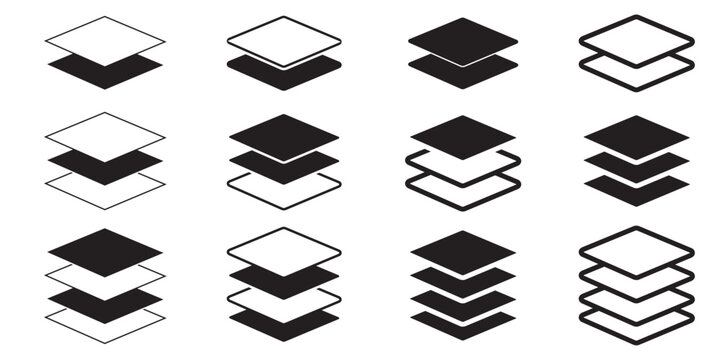 Layers icon set. Vector layers icon. Canvas icon. 3 Layer sign icon.