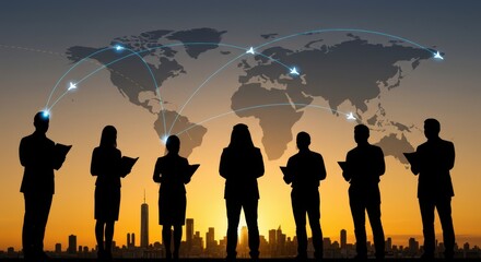 International Business Team Silhouettes with Flight Paths