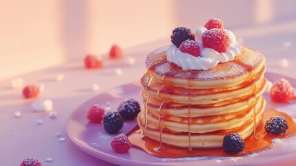 A stack of fluffy pancakes with maple syrup, fresh berries, and whipped cream. Featuring indulgence and morning comfort