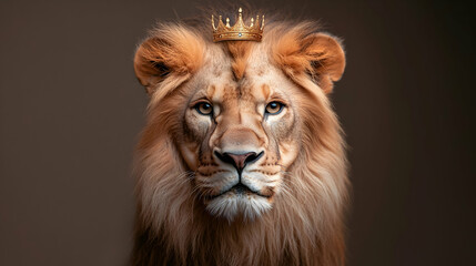 Fototapeta premium Majestic Lion with Golden Crown Studio Portrait