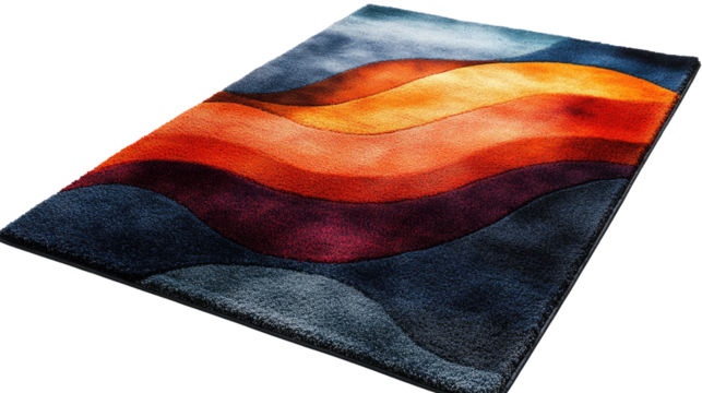 Artistic Rug: Capturing the essence of an artistic rug, featuring an intricate wave design with dynamic colors and textures, offering a blend of comfort and artistic flair to your space.
